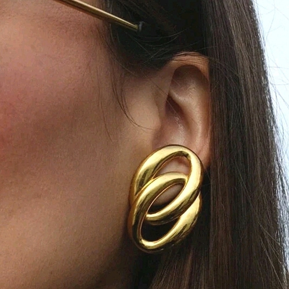 Chunky Gold 18K Statement Hoop Studs Earrings Sculptural Old Money Minimalist
